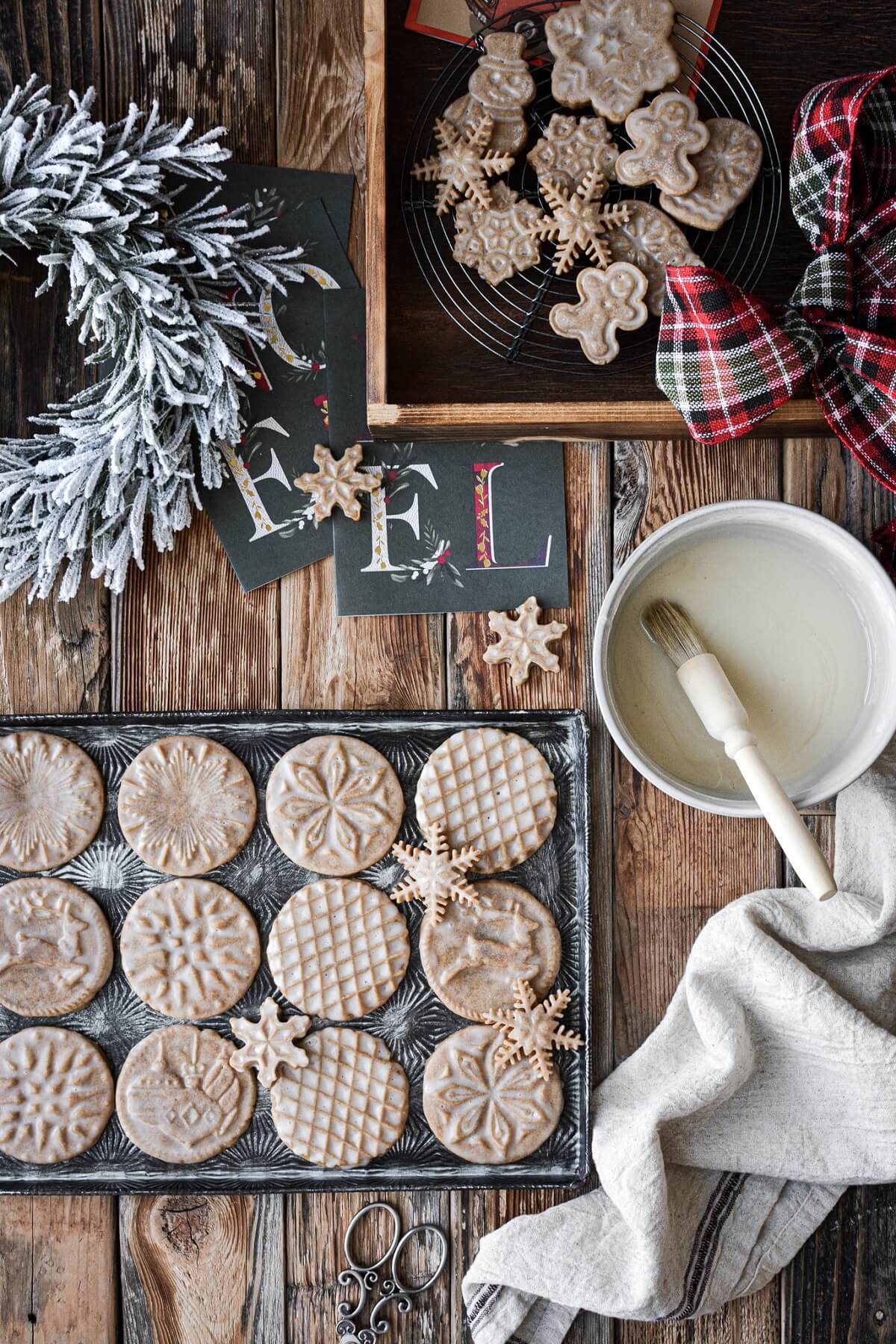 Stamped gingerbread cookies with vanilla icing.
