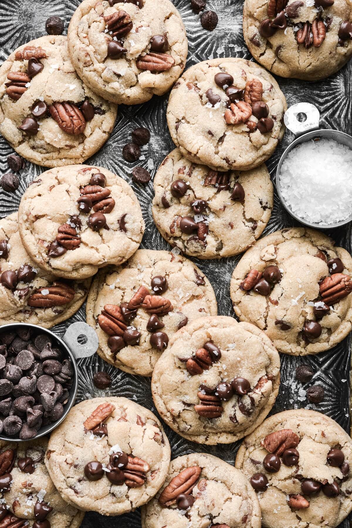 Chocolate chip cookies with pecans and salt.