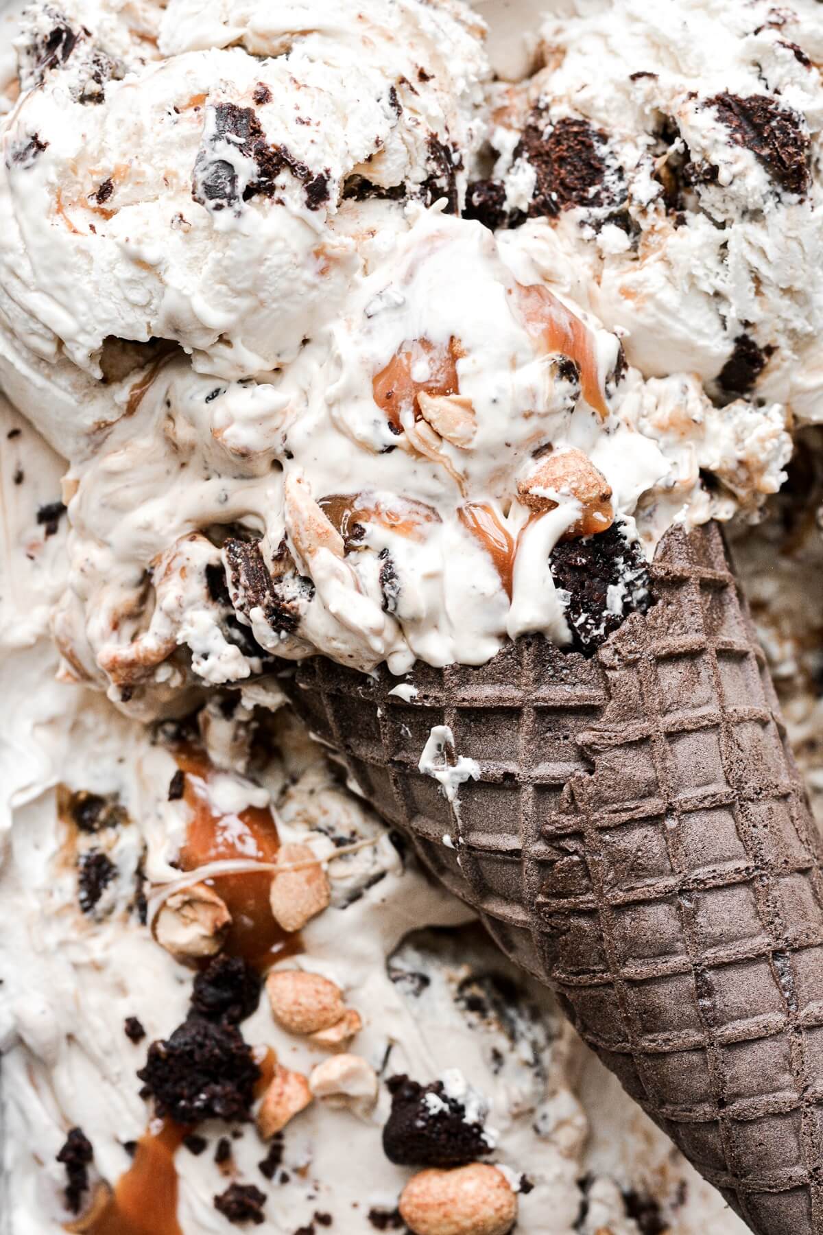 Chocolate ice cream cone with brownie sundae ice cream.