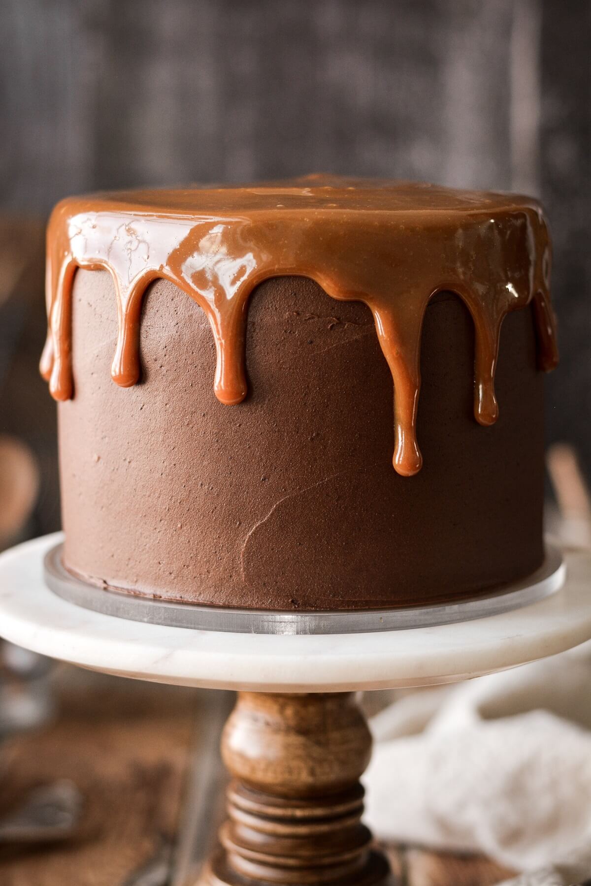 Chocolate cake with caramel drip.