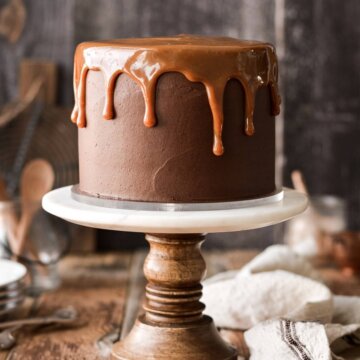 Chocolate caramel toffee cake with caramel drip.