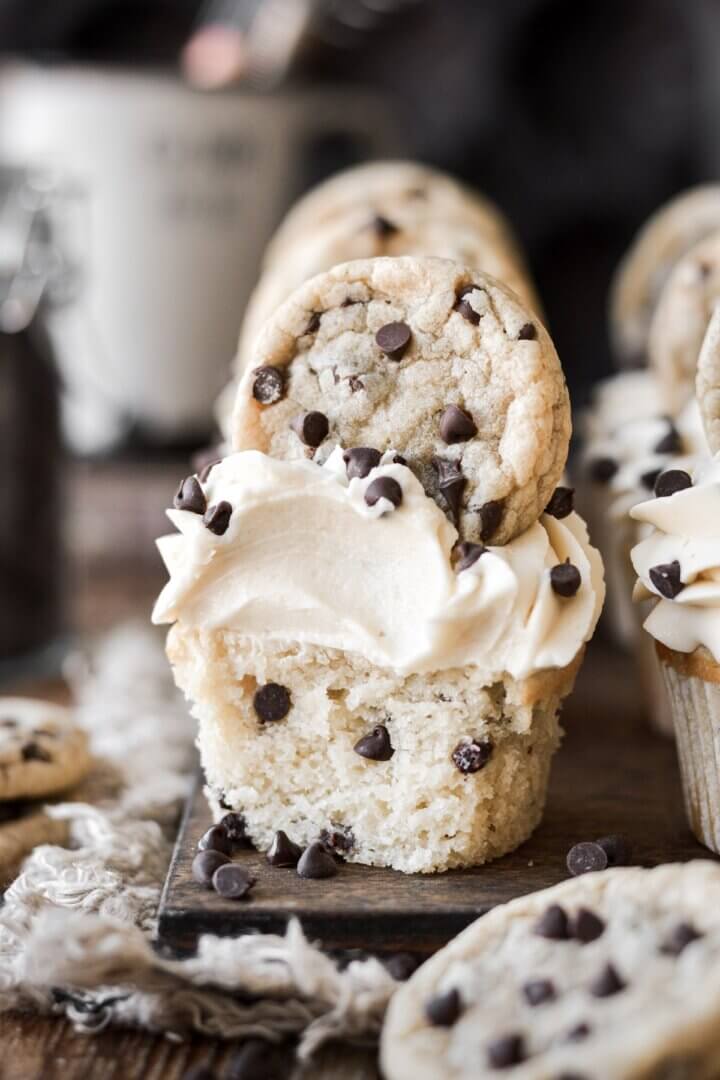 Chocolate chip cupcake with a bite taken.