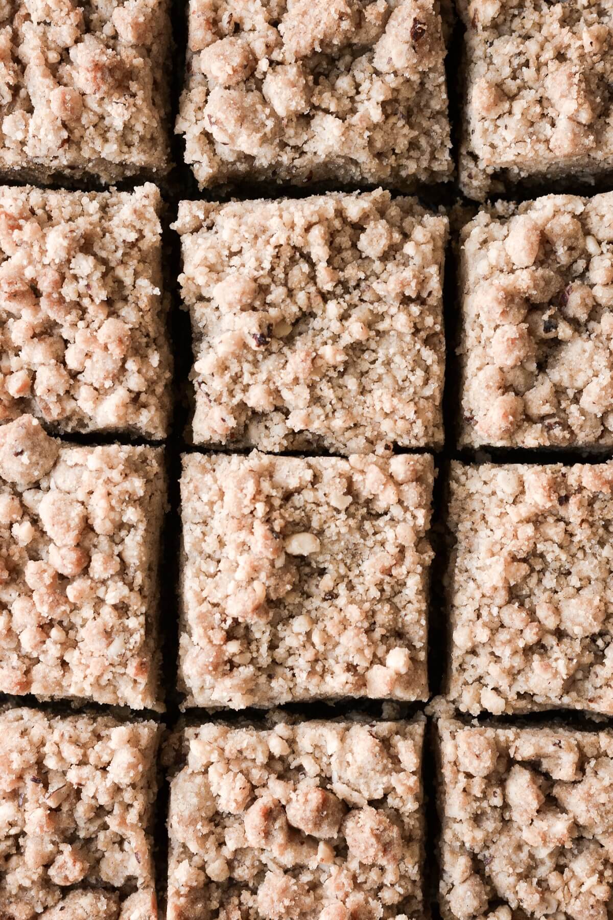 Hazelnut coffee cake with crumb topping cut into squares.