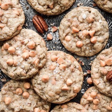 Oatmeal butterscotch cookies with pecans and flaky salt.