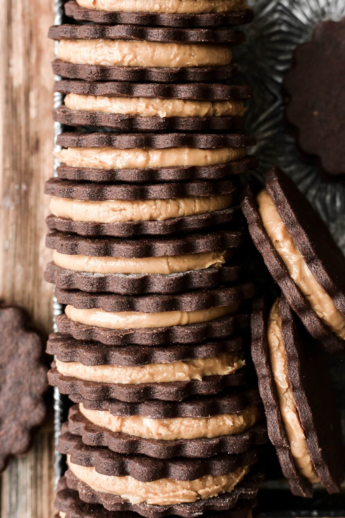 Chocolate peanut butter sandwich cookies.