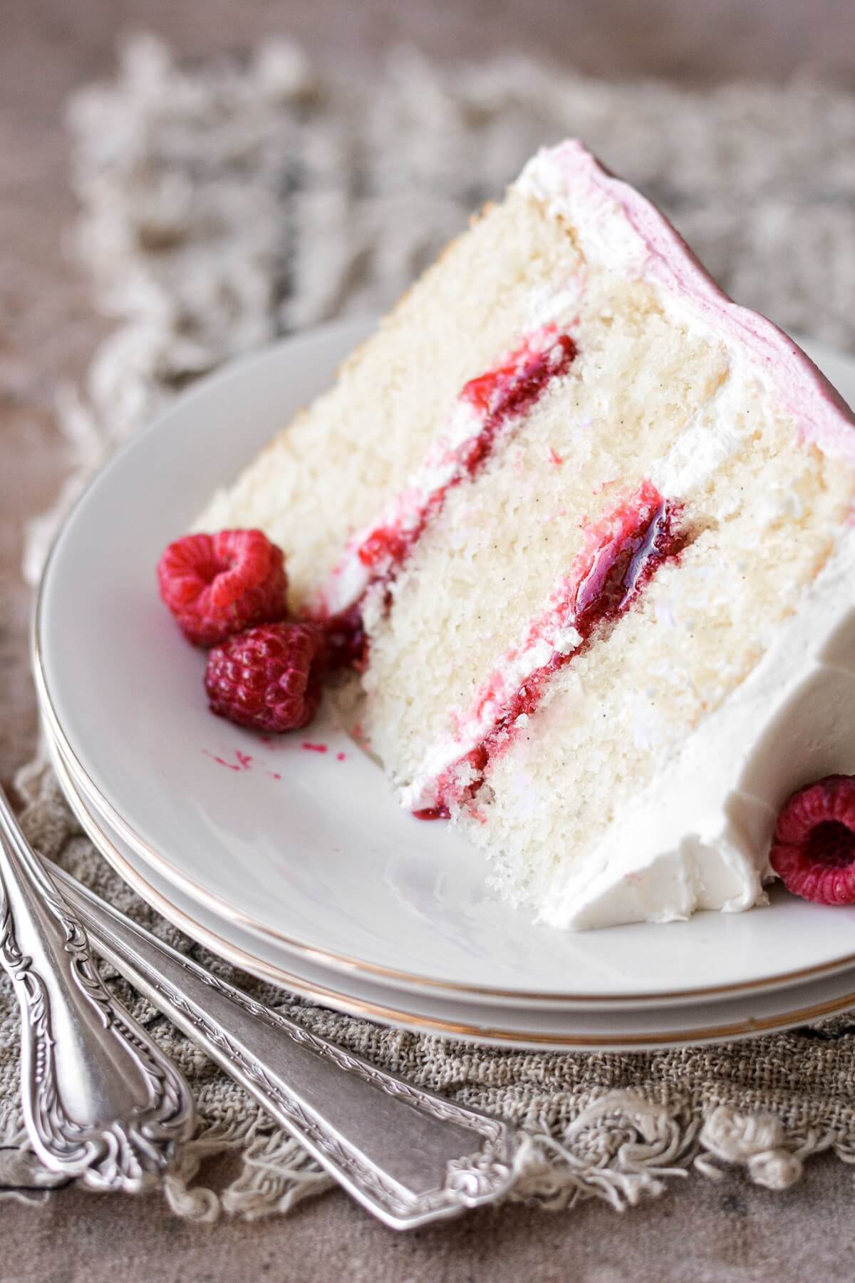 Slice of raspberry vanilla cake.