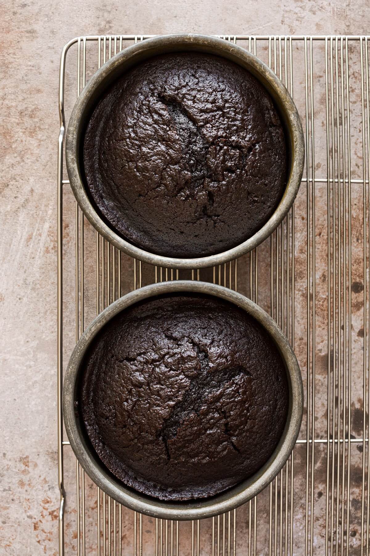 Chocolate cake cooling on a cooling rack.
