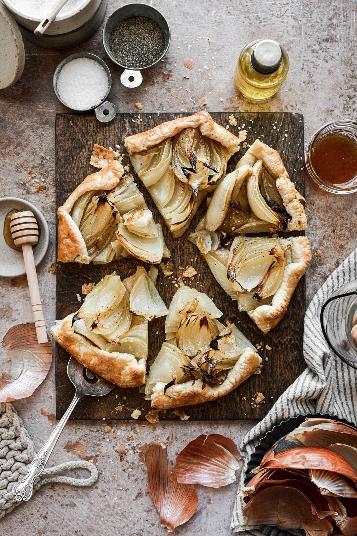 Caramelized onion galette cut into wedges.