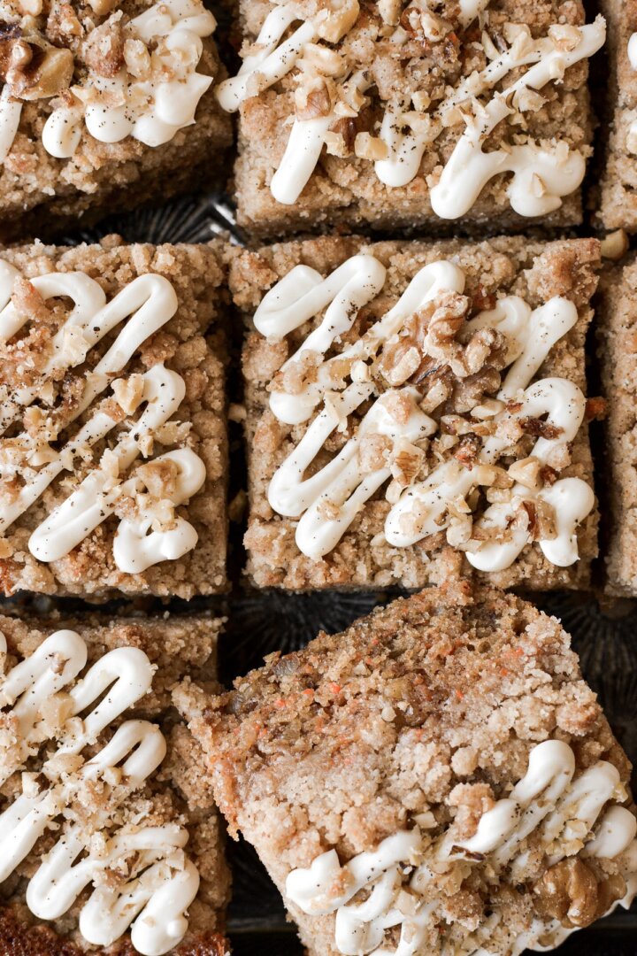 Carrot crumb coffee cake with cream cheese icing.