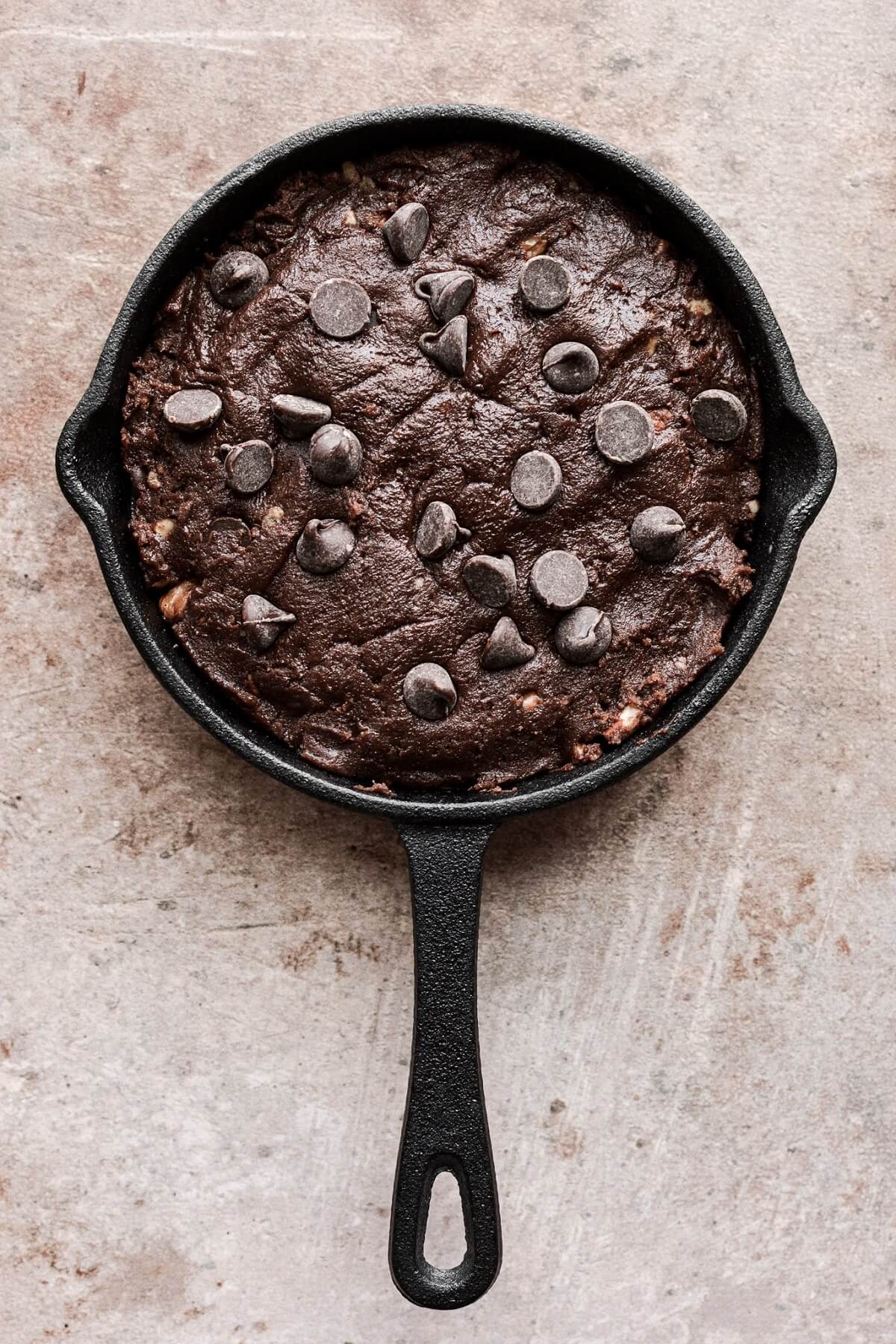 Double chocolate cookie dough in a mini skillet.