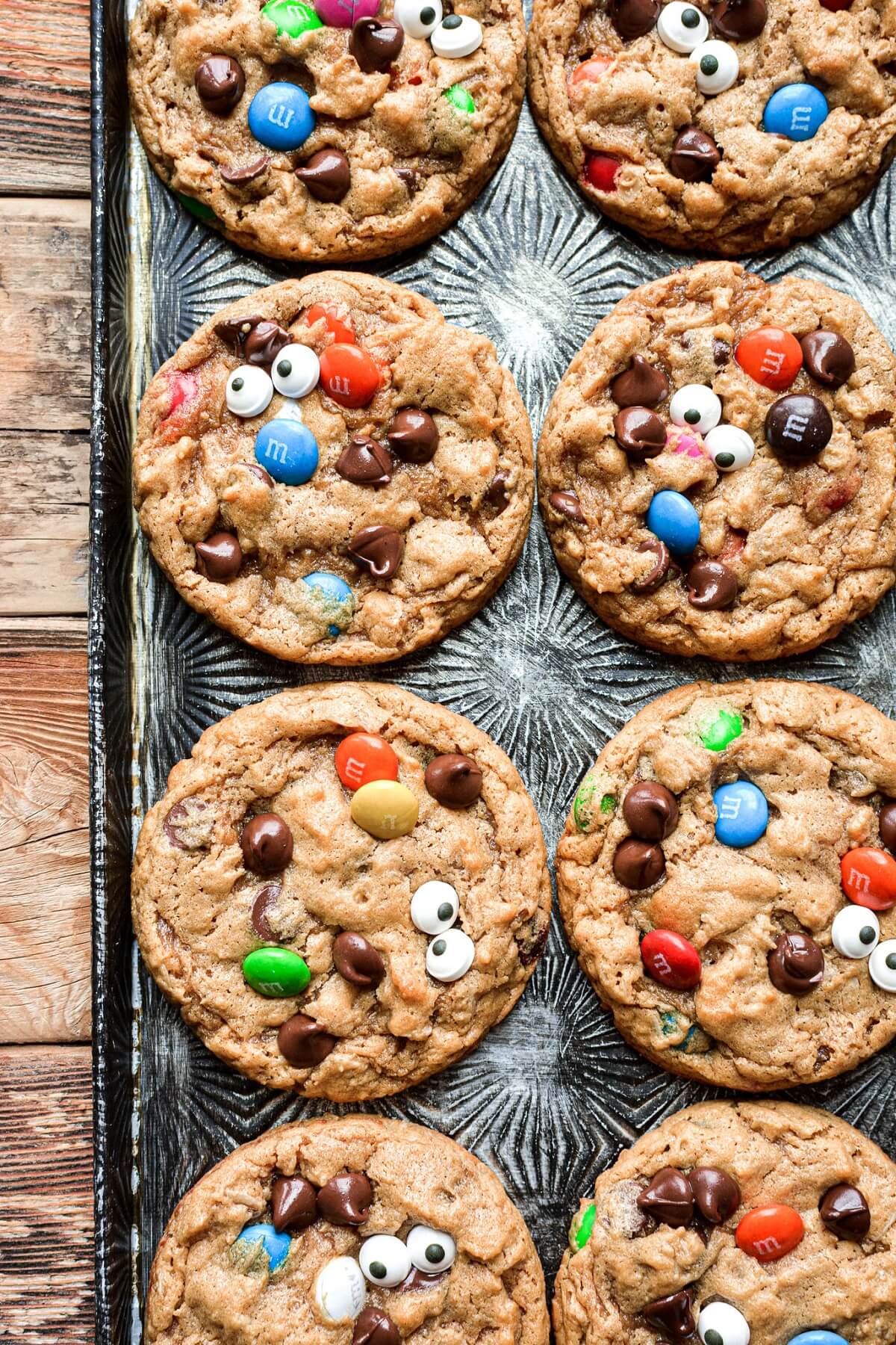 Monster cookies on a baking sheet.