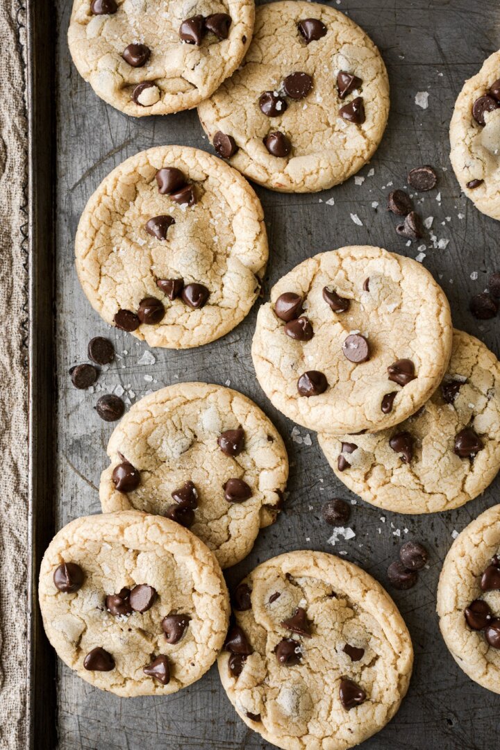 Olive oil chocolate chip cookies sprinkled with salt.