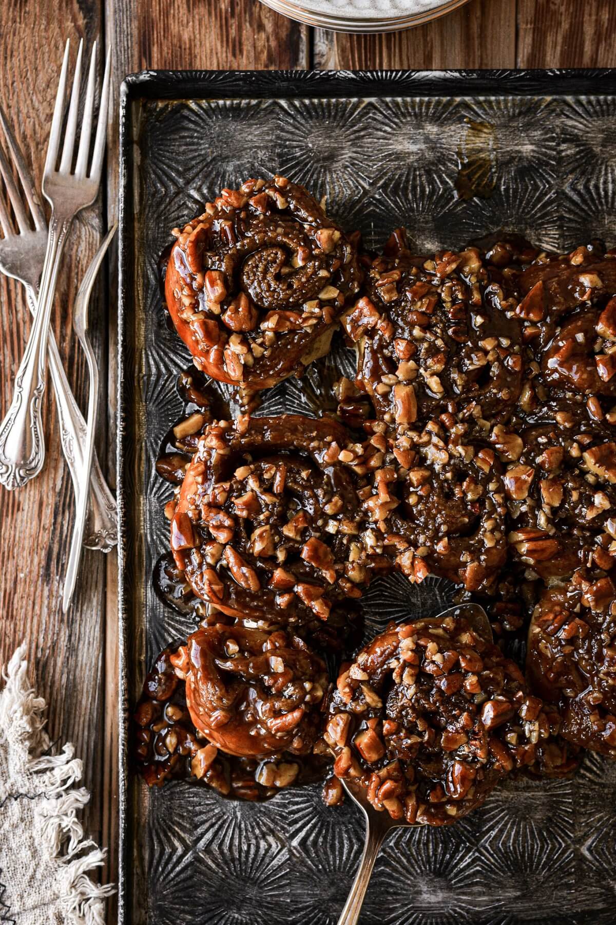 Sticky buns covered in pecan caramel.