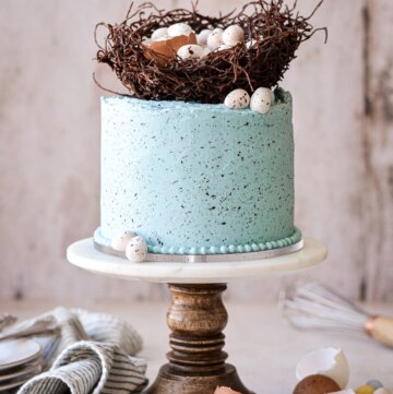 Blue frosted malted milk cake with a chocolate birds nest and Cadbury mini eggs.