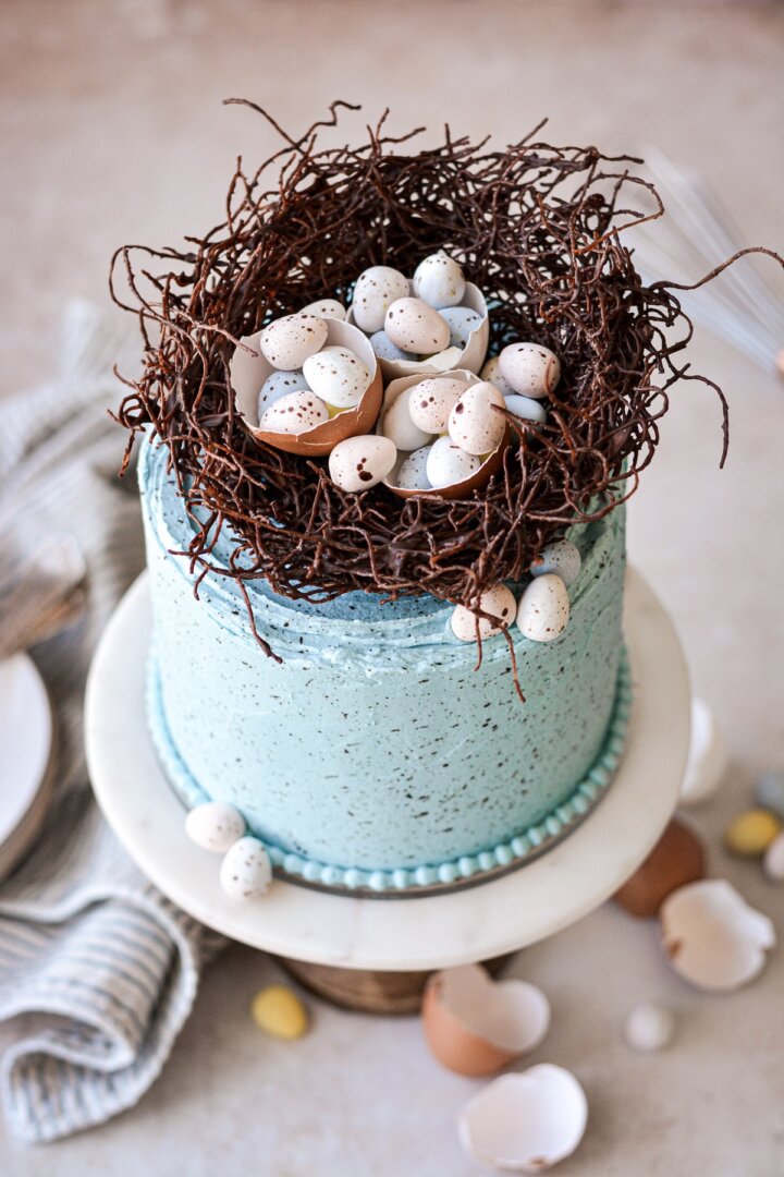 Cadbury mini eggs in a chocolate nest.