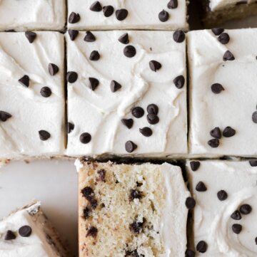 Chocolate chip sheet cake sprinkled with mini chocolate chips.