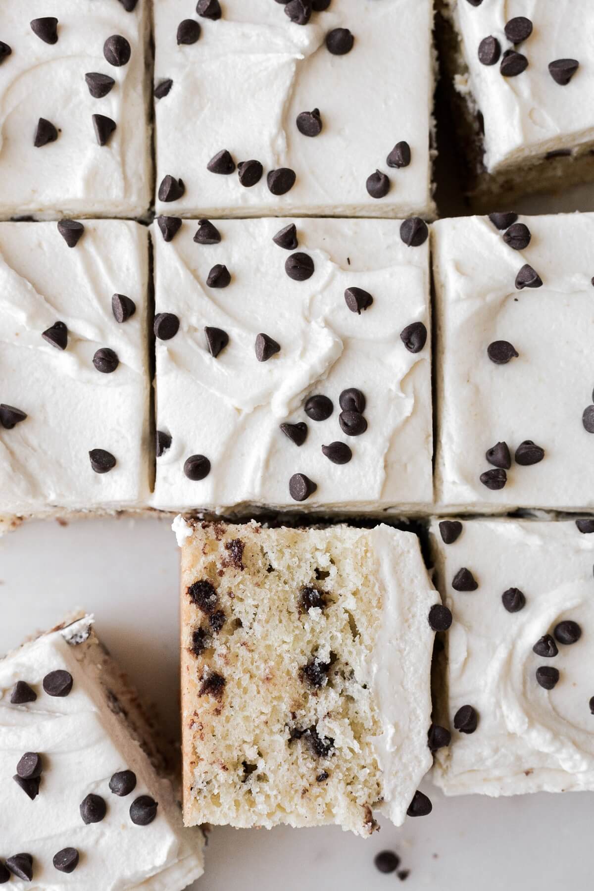 Chocolate chip sheet cake sprinkled with mini chocolate chips.