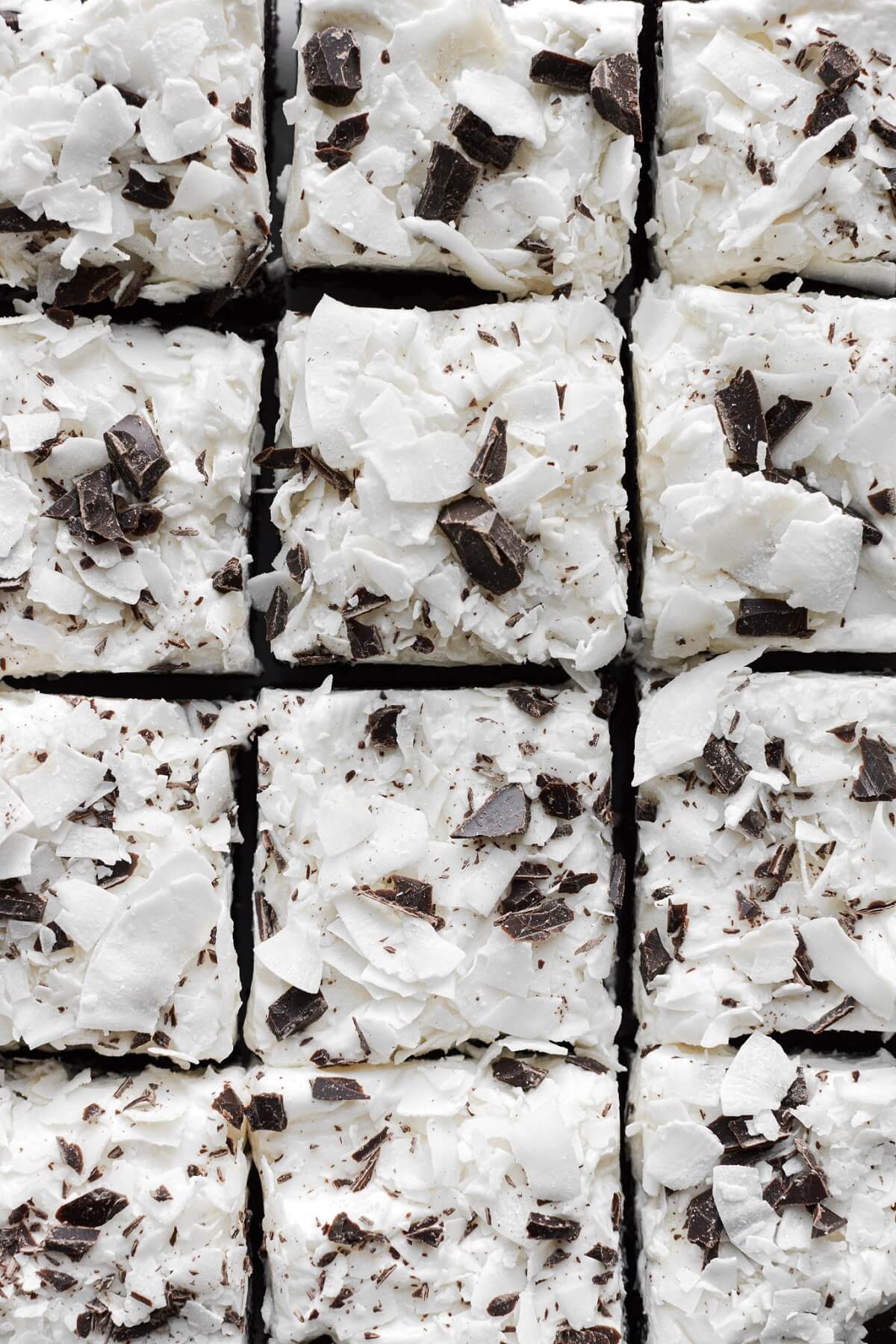 Coconut brownies cut into squares.
