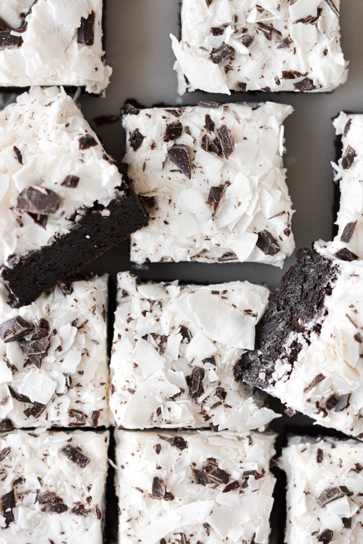 Frosted coconut brownies.