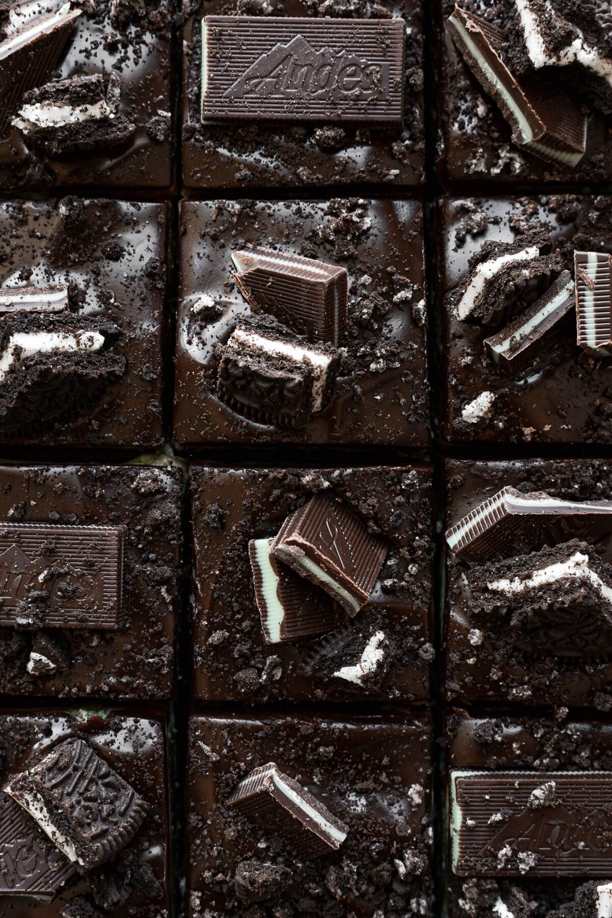 Mint Oreo brownies cut into squares.