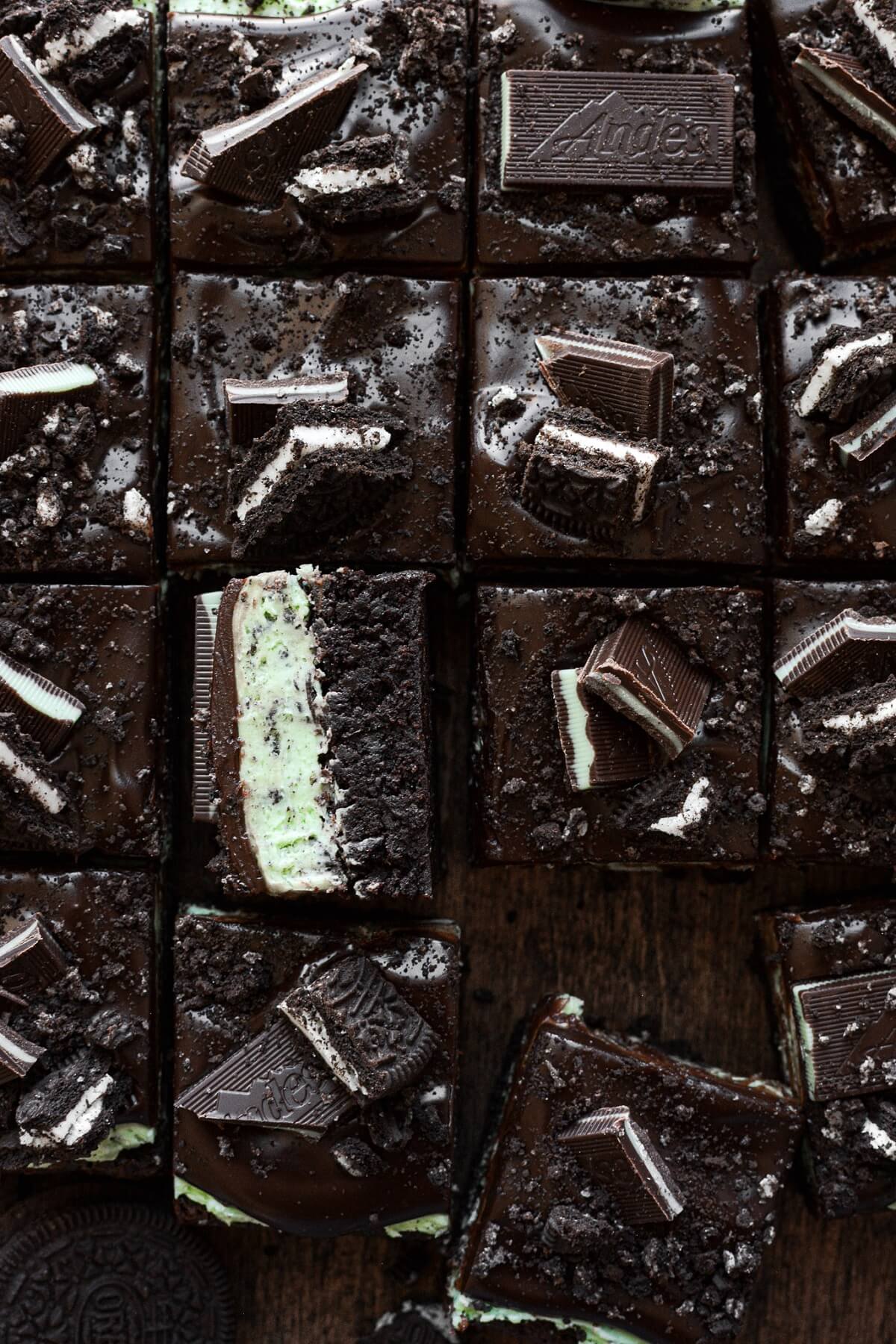 Mint Oreo brownies with mint cookies and cream buttercream, ganache, Andes mints and crushed Oreos.