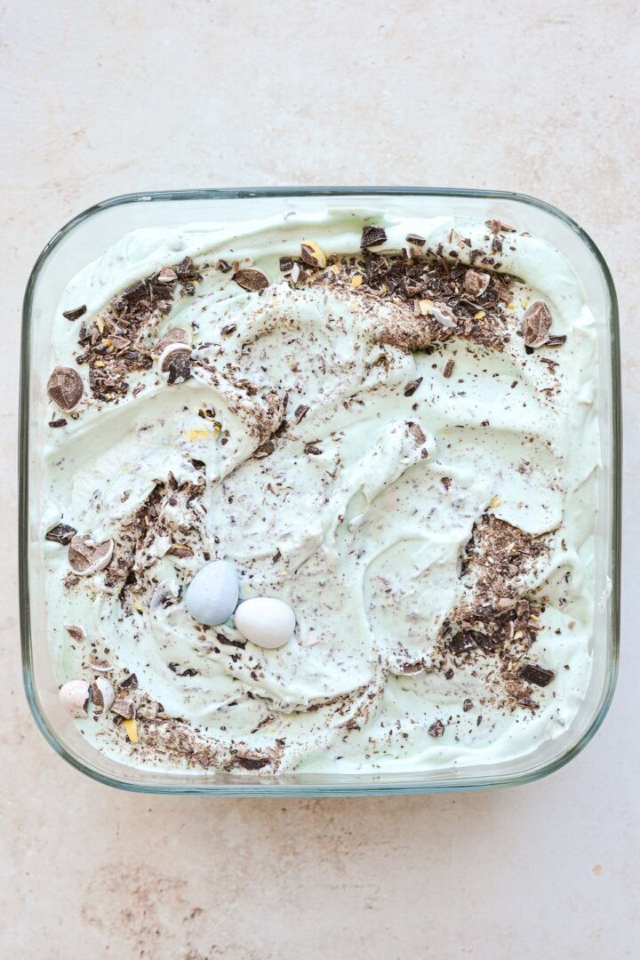 Robin's egg malted milk vanilla ice cream in a glass dish.
