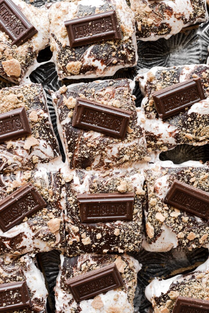 Gooey s'mores brownies cut into squares.