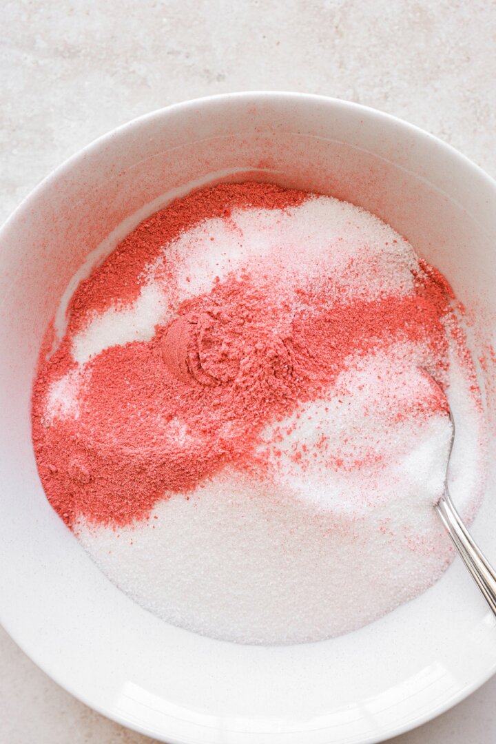 Bowl of strawberry sugar.