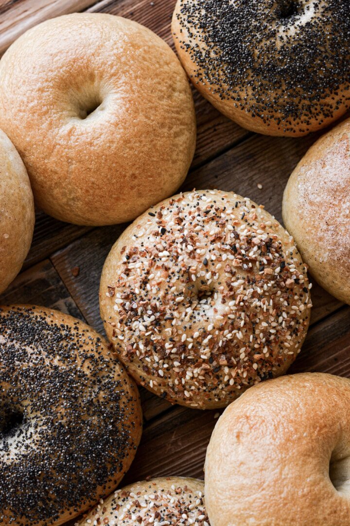Homemade bagels with poppy seeds and everything bagel seasoning.