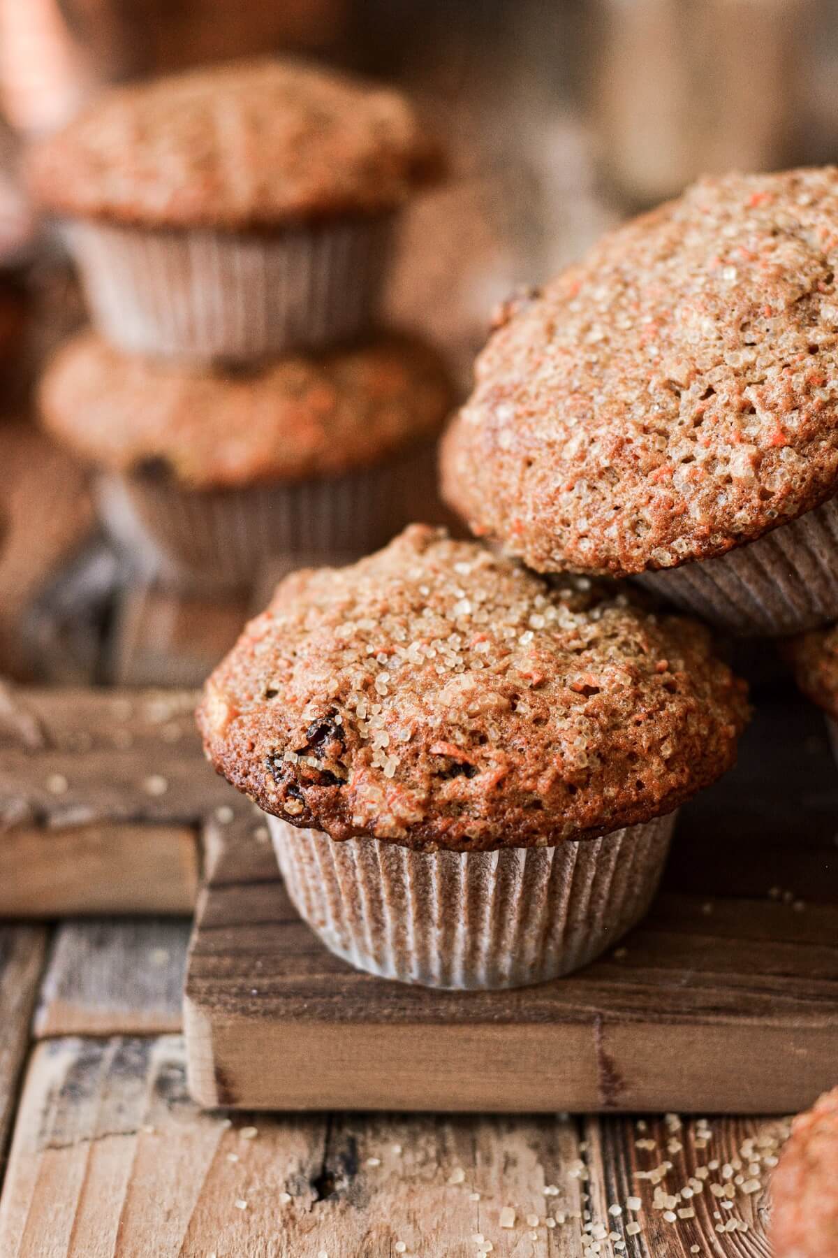 Morning glory muffins sprinkled with coarse sugar.