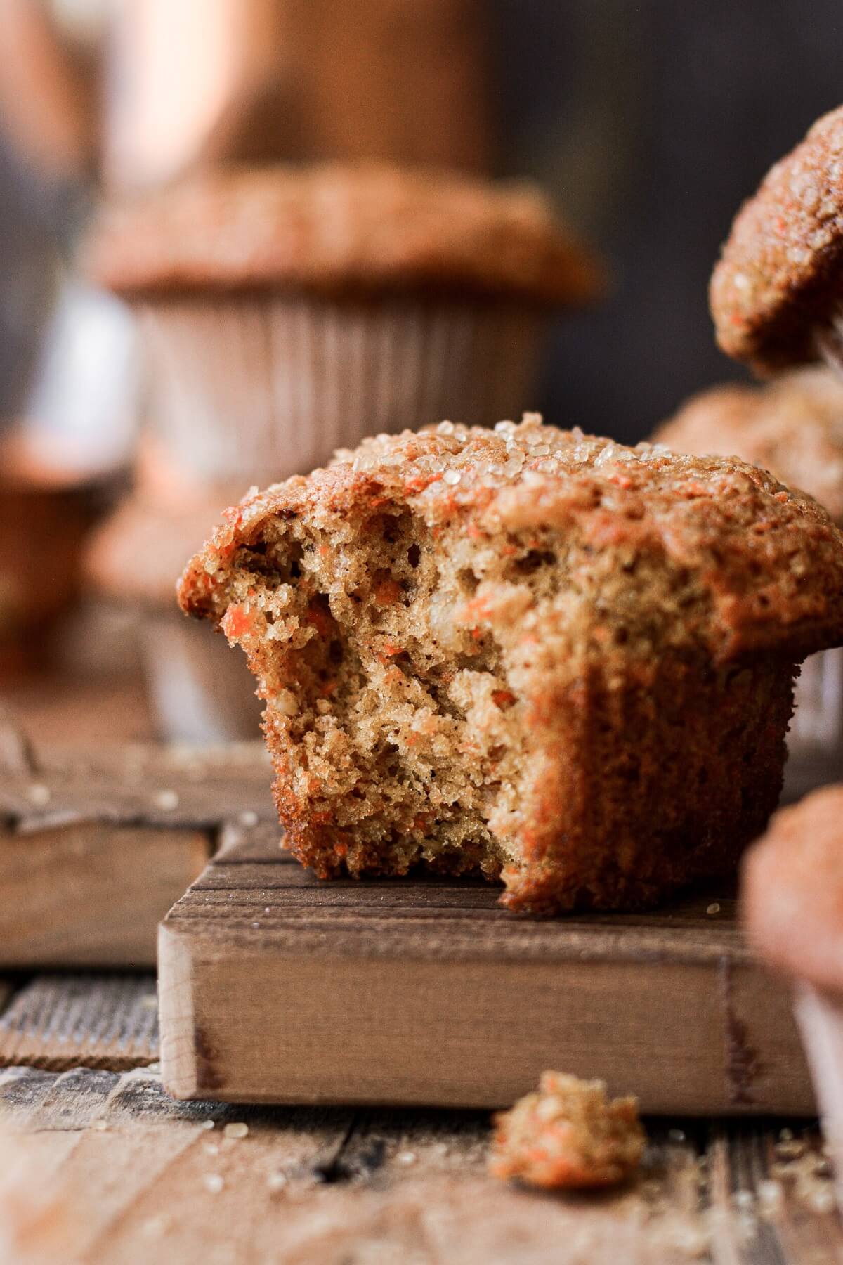 Morning glory muffin with a bite taken.