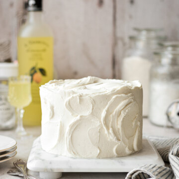 Limoncello cream cake on a marble board.