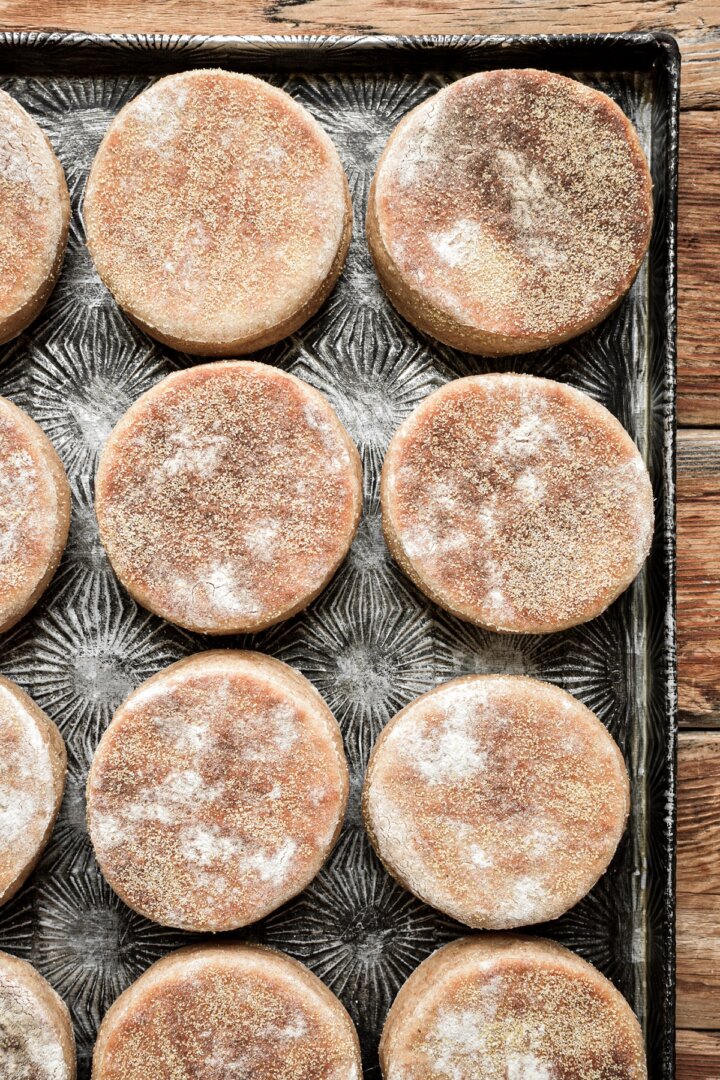 Homemade English muffins on a baking sheet.