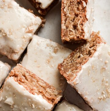 Oatmeal cream pie cookie bars cut into squares.