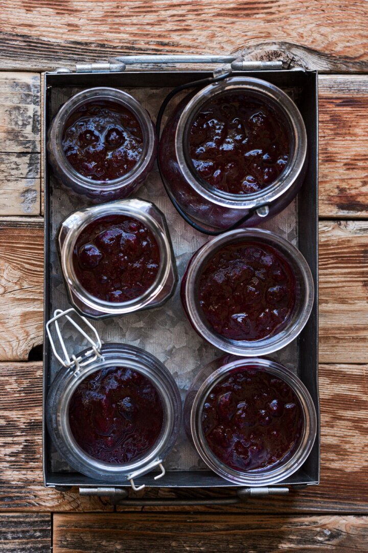 Fruit compote in glass jars.