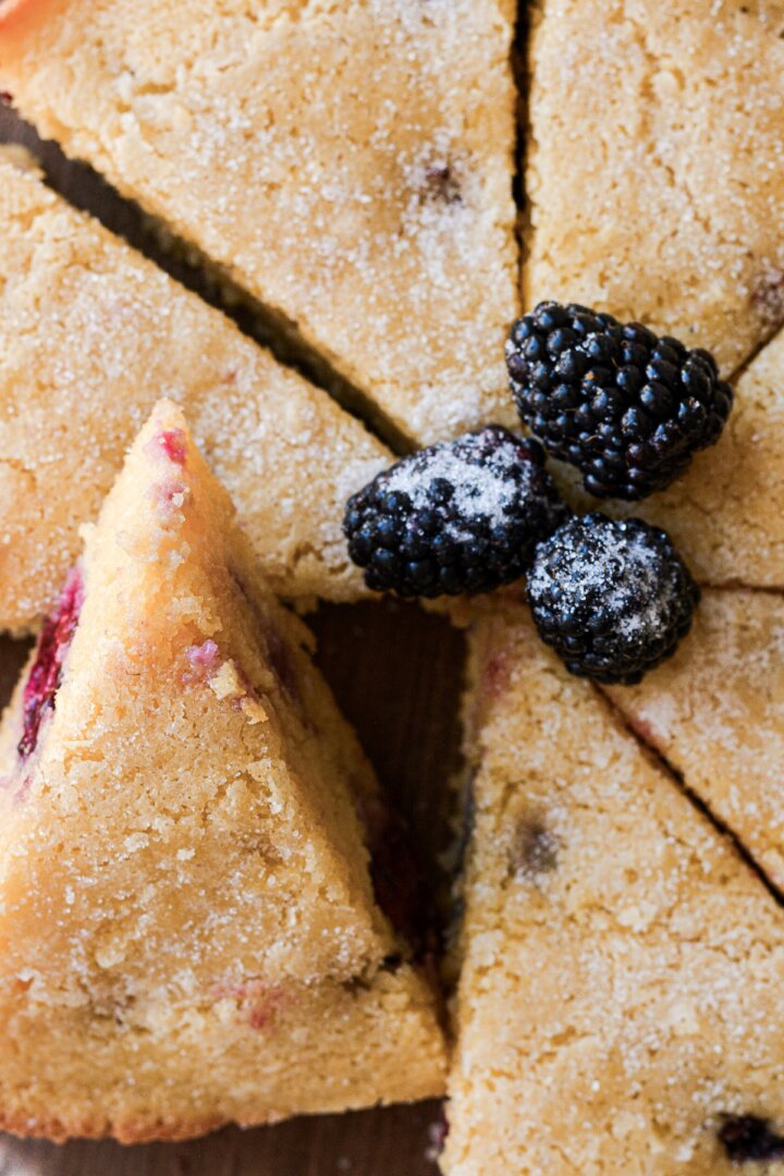 Wedges of blackberry cornbread cake.