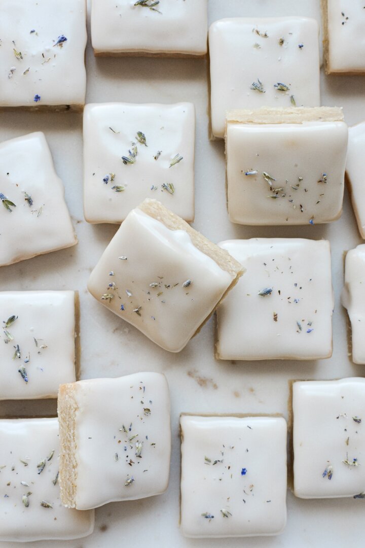 Iced lavender lemon shortbread cookies.