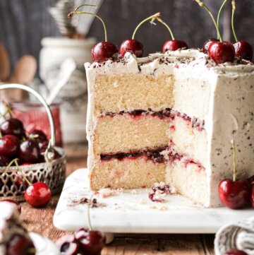 White forest cake filled with cherry jam.