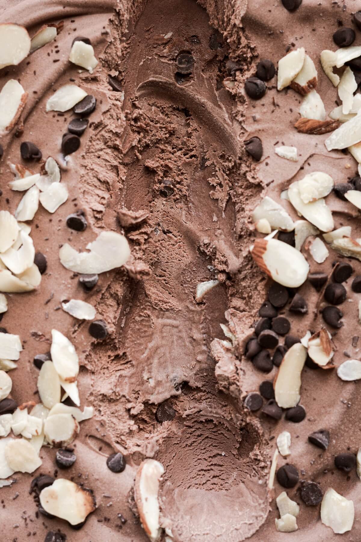 Chocolate almond amaretto ice cream sprinkled with sliced almonds and mini chocolate chips.