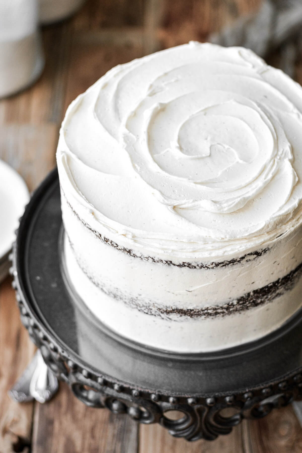 Vanilla buttercream on a chocolate layer cake.
