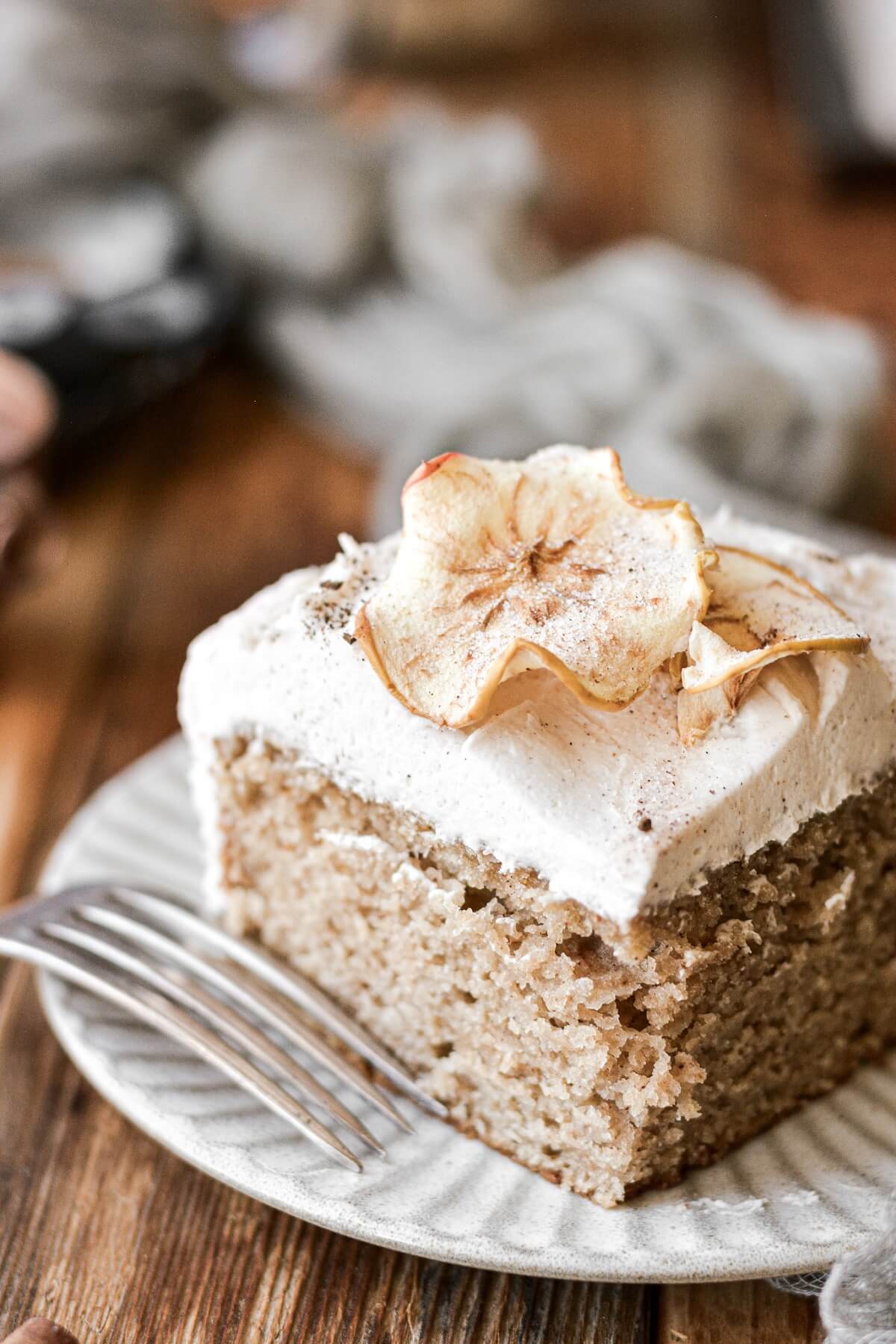 A piece of apple cider cinnamon cake with dried apple slices on top.