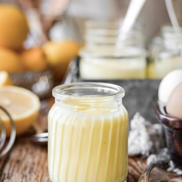 Lemon pudding in a glass jar.