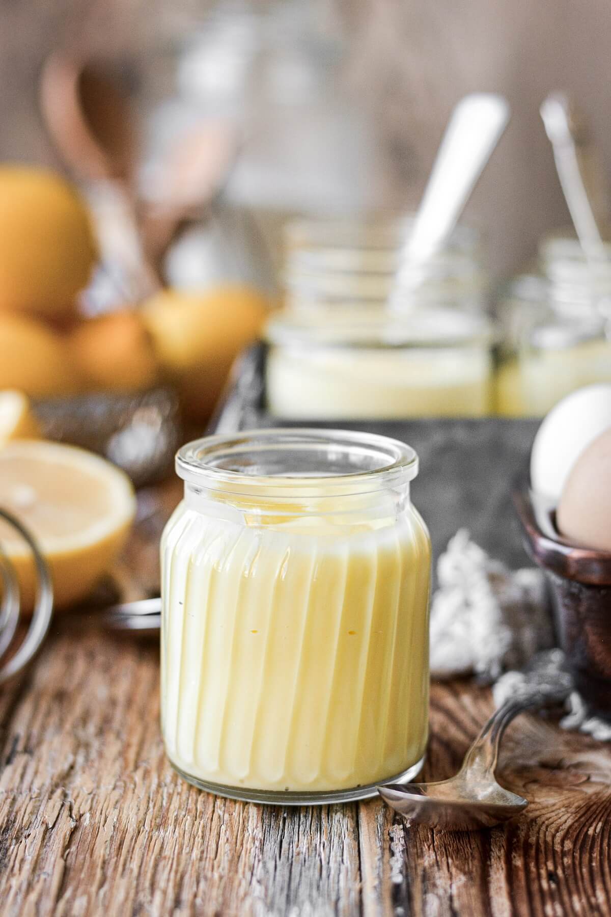 Lemon pudding in a glass jar.
