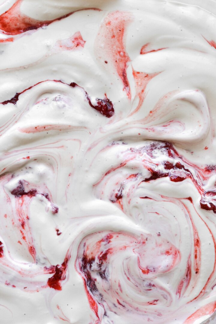 Strawberry compote swirled into vanilla ice cream.