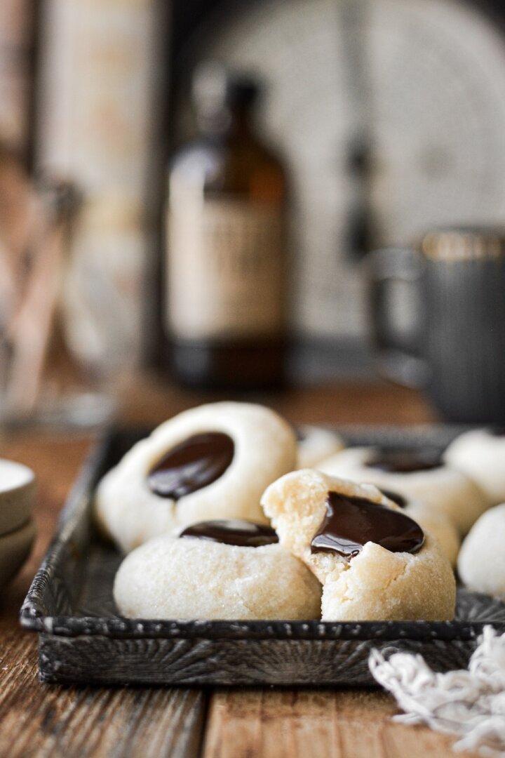 Chocolate thumbprint cookies.