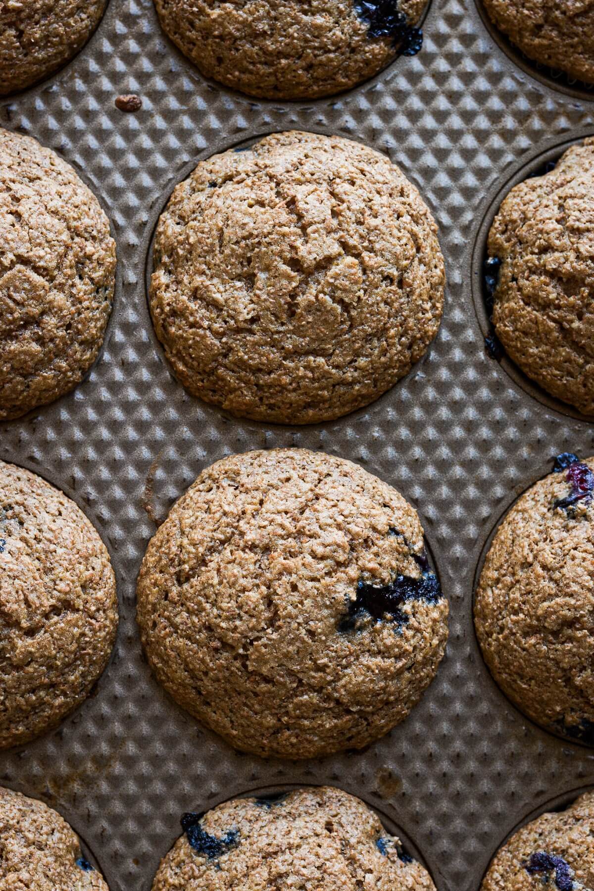 Maple blueberry bran muffins in a muffin pan.