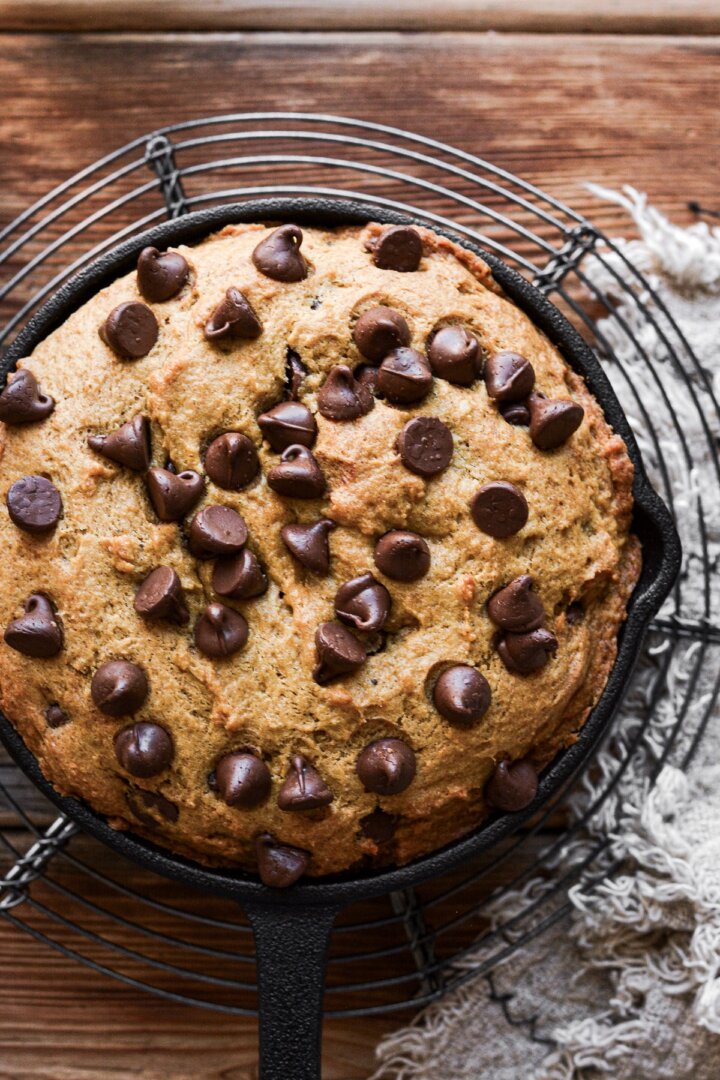 Mini pumpkin chocolate chip skillet cookie for two.
