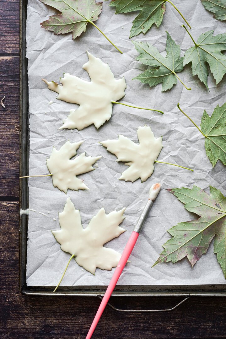 Step 2 for making white chocolate maple leaves.