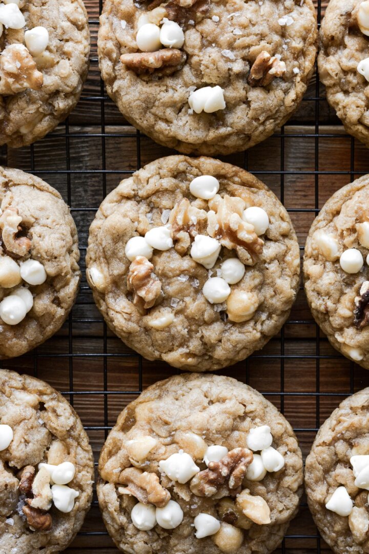 Oatmeal cookies with walnuts and white chocolate chips.