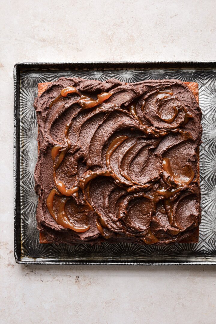 Pumpkin butter swirled into chocolate frosting.